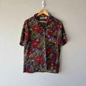 alfred dunner floral silk button front short sleeve shirt